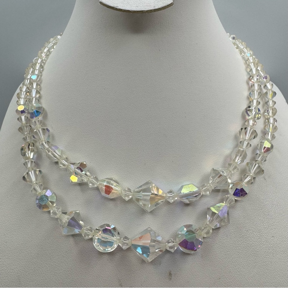 Clear Aurora Borealis Crystal Double Strand Necklace | Vintage Glam Sparkle